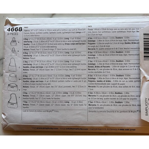 Simplicity Pattern 4668 Handbags Purse Tote 6 Styles Different Sizes Uncut Hobo - Picture 2 of 4
